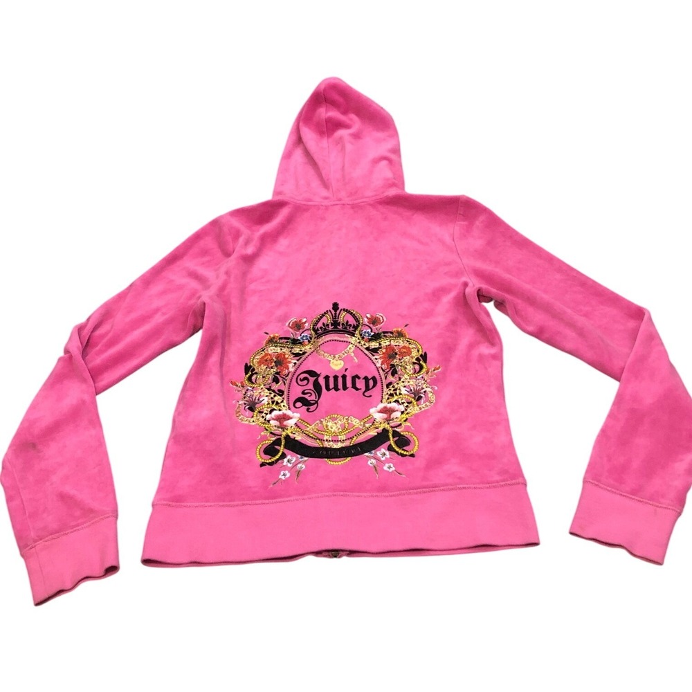 y2k Juicy Couture Hoodie Womens M Pink Velour Full Zip Long Sleeve JG000983